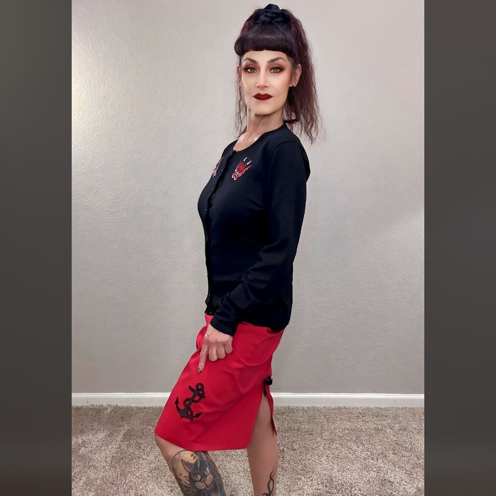 Sourpuss Red Anchor Pencil Skirt Nautical Retro 50s Rockabilly Pinup XL - Picture 2 of 11